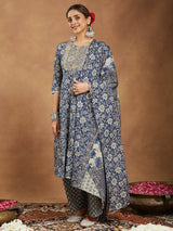Women's Blue Pure Cotton Floral Printed Anarkali Kurta Set