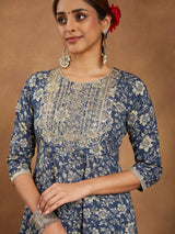 Women's Blue Pure Cotton Floral Printed Anarkali Kurta Set