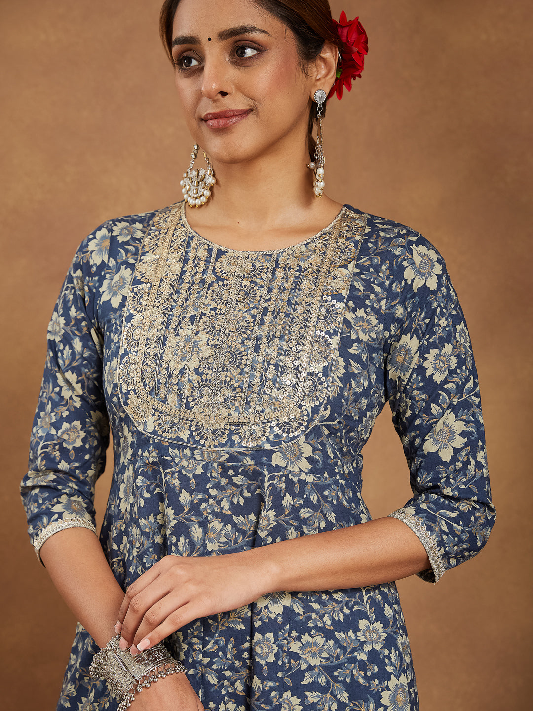 Women's Blue Pure Cotton Floral Printed Anarkali Kurta Set