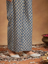 Women's Blue Pure Cotton Floral Printed Anarkali Kurta Set