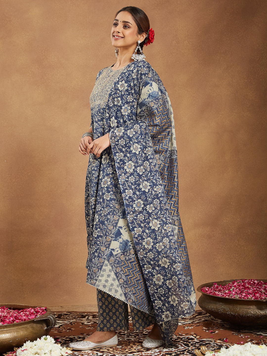 Women's Blue Pure Cotton Floral Printed Anarkali Kurta Set