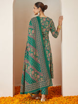 Women's Dark Green Pure Cotton Floral Printed Yoke Embroidered A-line Kurta Set
