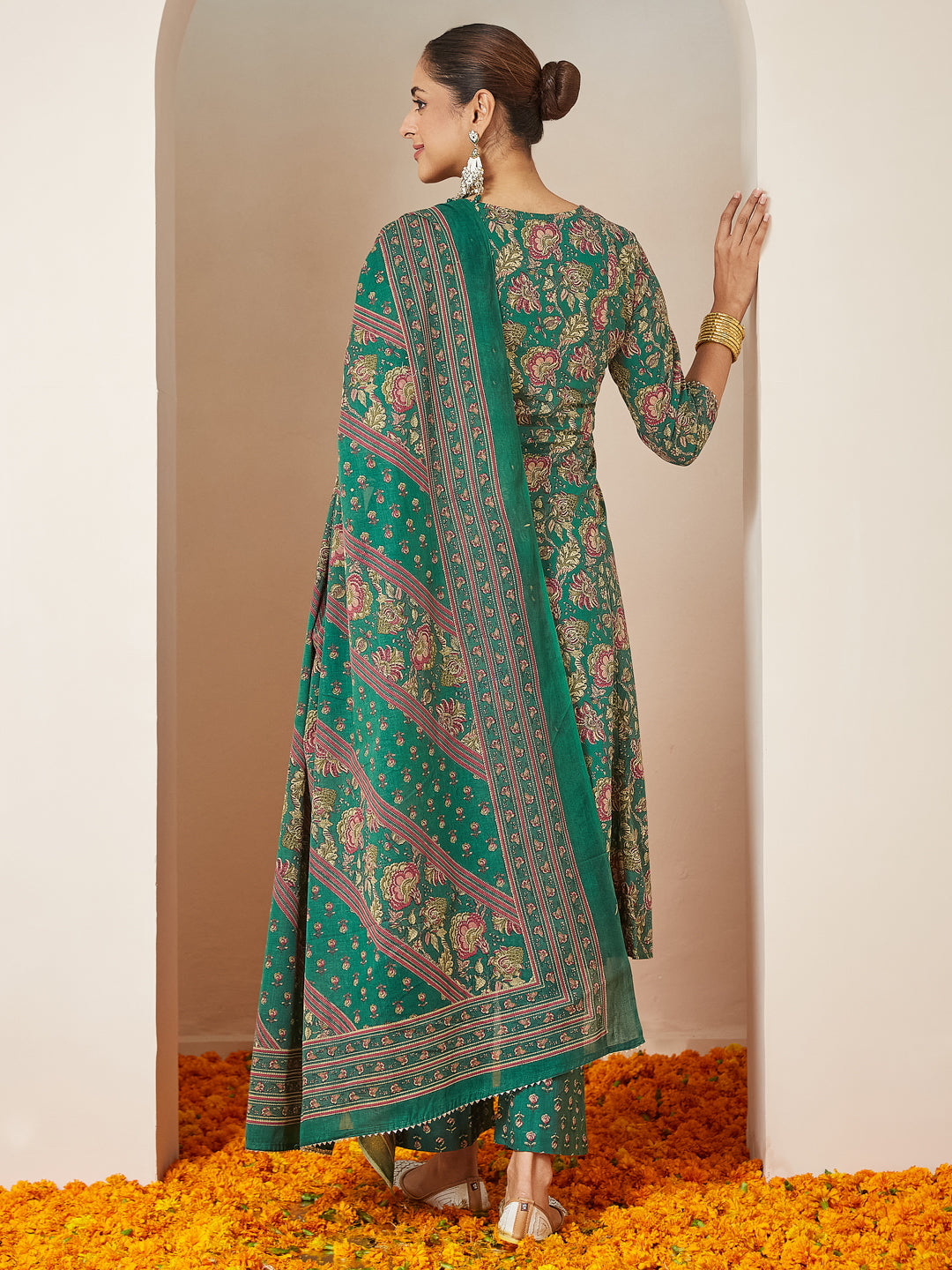 Women's Dark Green Pure Cotton Floral Printed Yoke Embroidered A-line Kurta Set