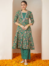 Women's Dark Green Pure Cotton Floral Printed Yoke Embroidered A-line Kurta Set