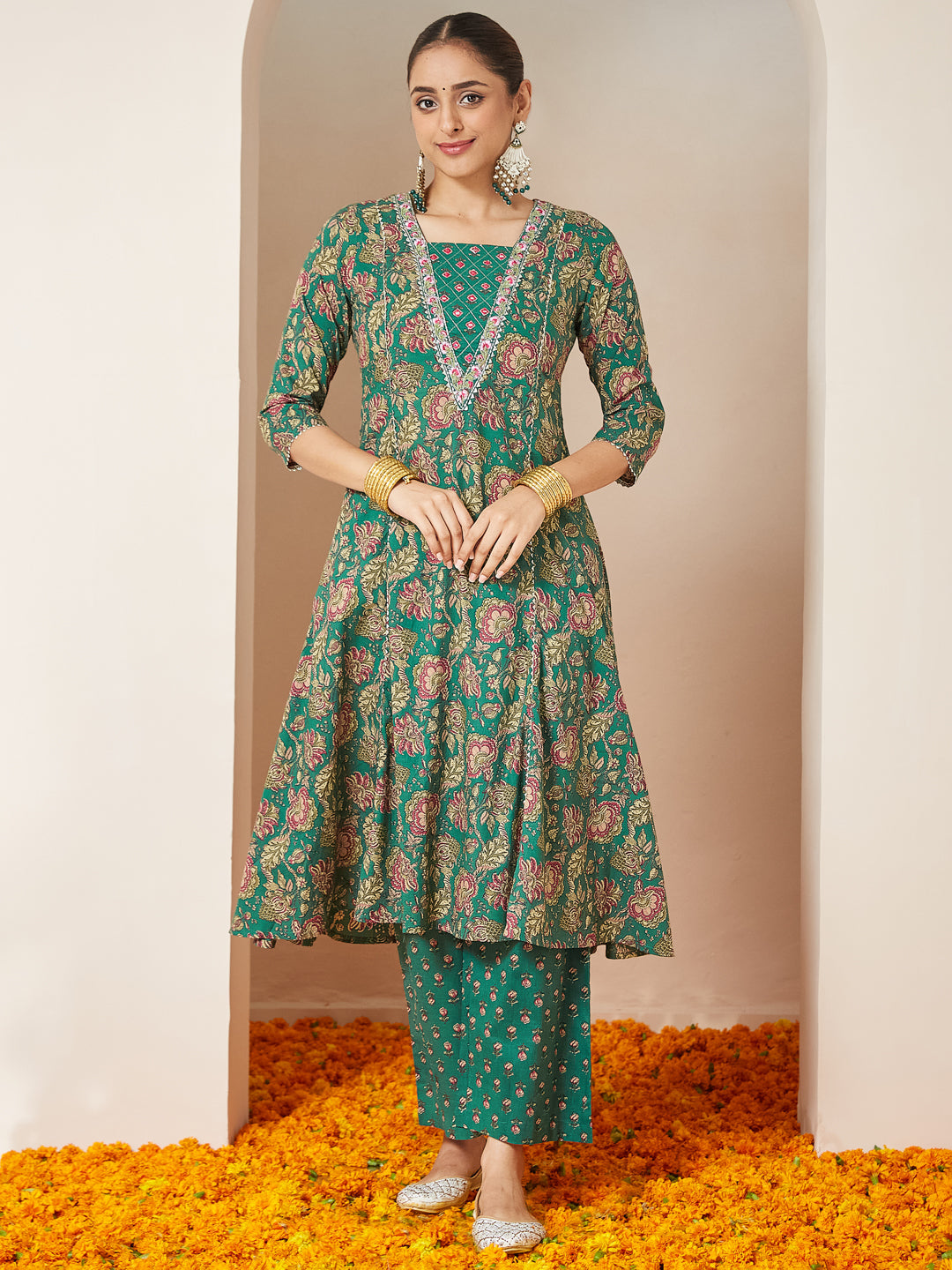 Women's Dark Green Pure Cotton Floral Printed Yoke Embroidered A-line Kurta Set