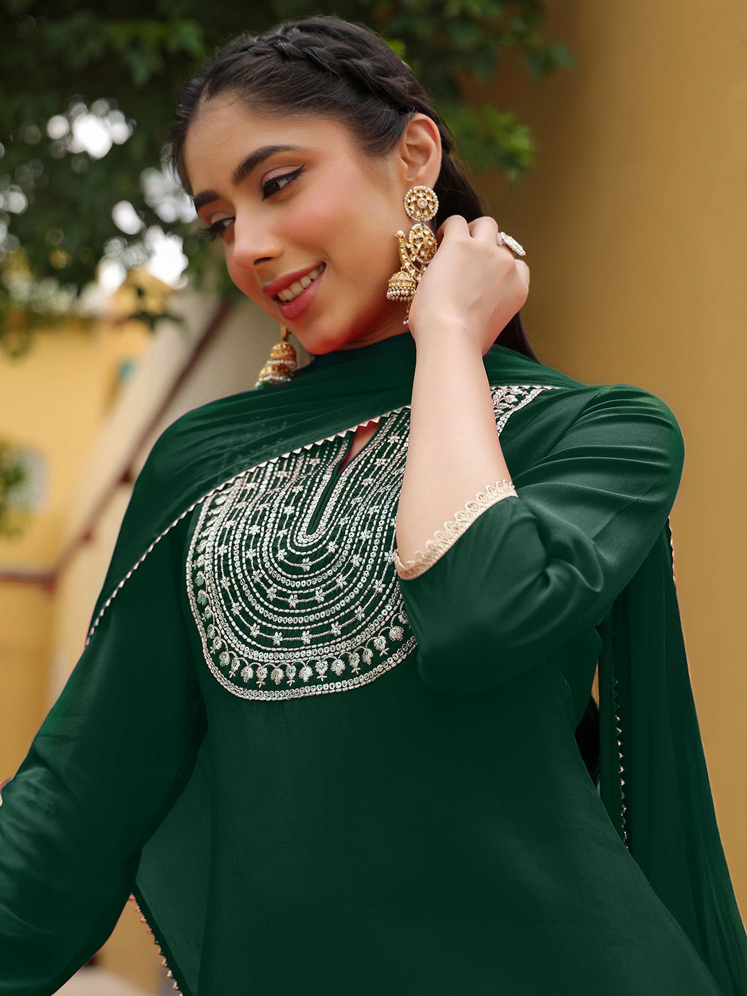 Women's Dark Green Chanderi Silk Zari Embroidered Straight Kurta Set