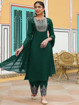 Women's Dark Green Chanderi Silk Zari Embroidered Straight Kurta Set