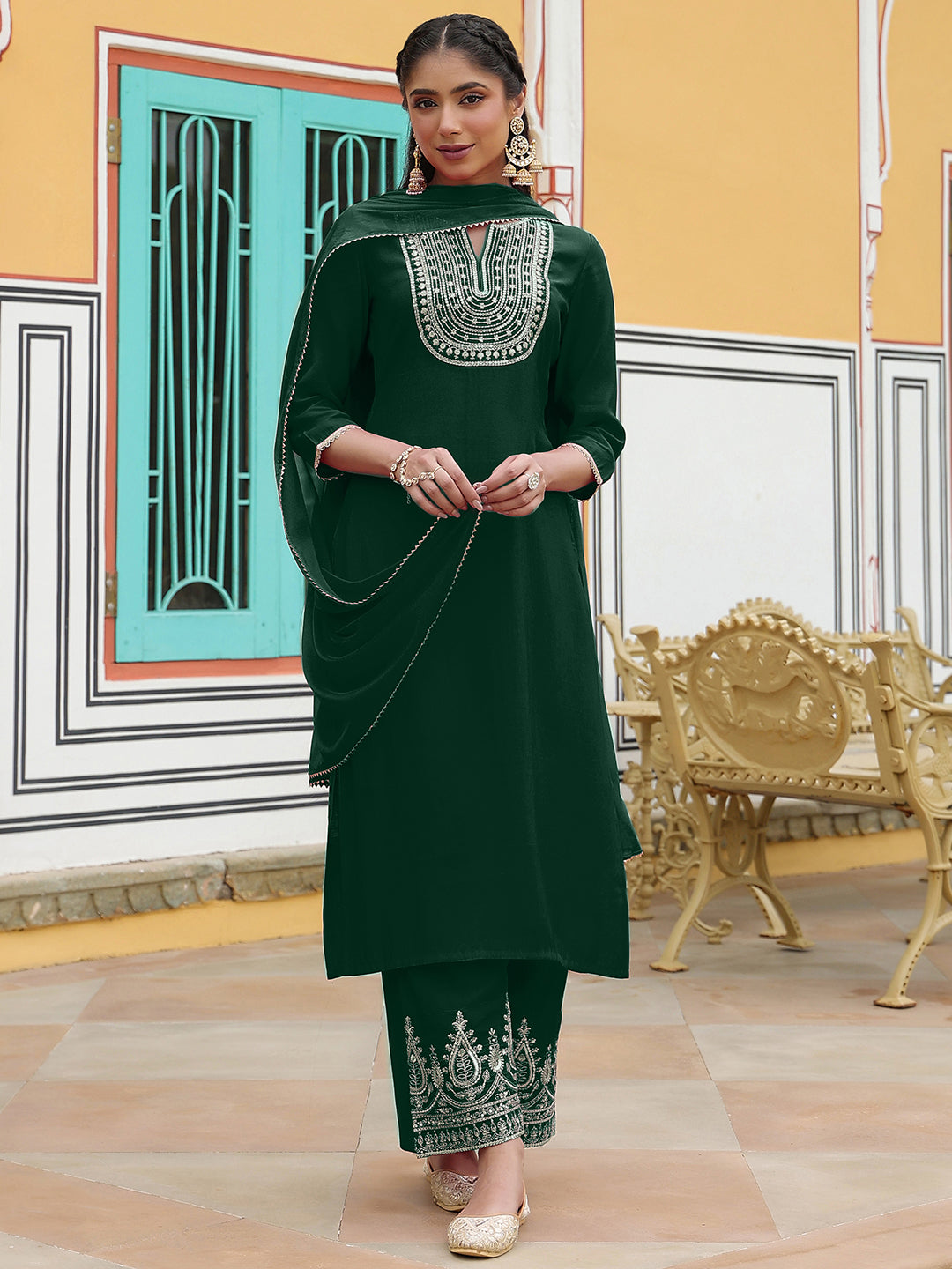 Women's Dark Green Chanderi Silk Zari Embroidered Straight Kurta Set