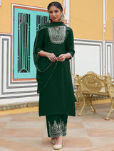 Women's Dark Green Chanderi Silk Zari Embroidered Straight Kurta Set