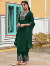 Women's Dark Green Chanderi Silk Zari Embroidered Straight Kurta Set