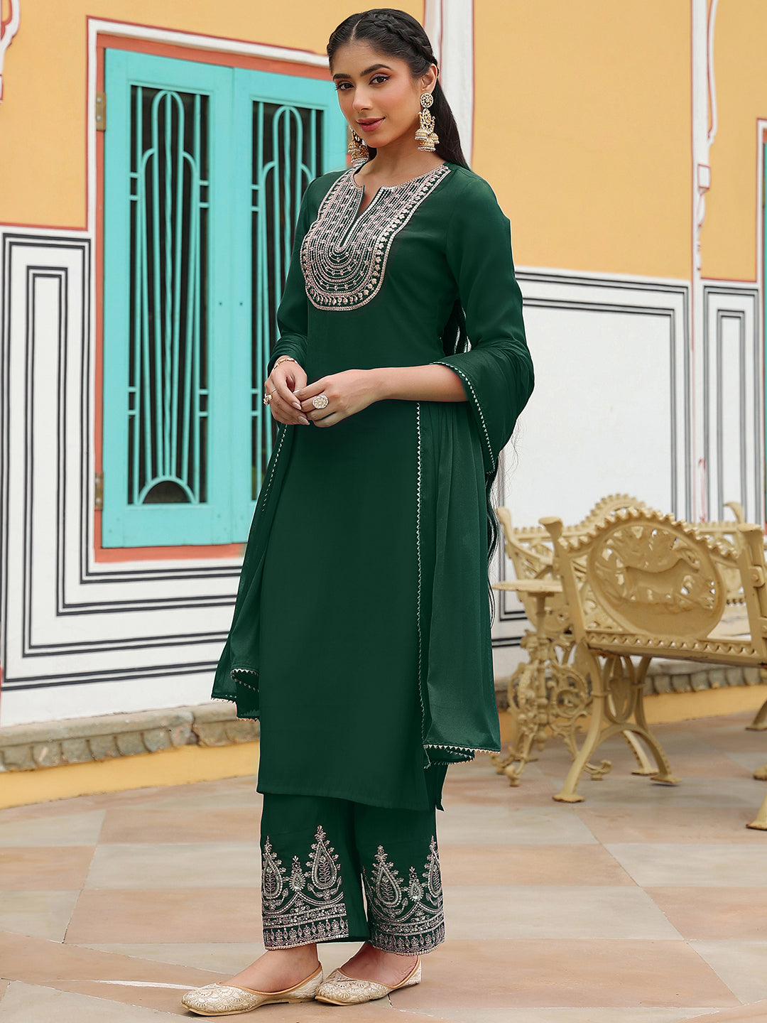 Women's Dark Green Chanderi Silk Zari Embroidered Straight Kurta Set