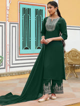 Women's Dark Green Chanderi Silk Zari Embroidered Straight Kurta Set