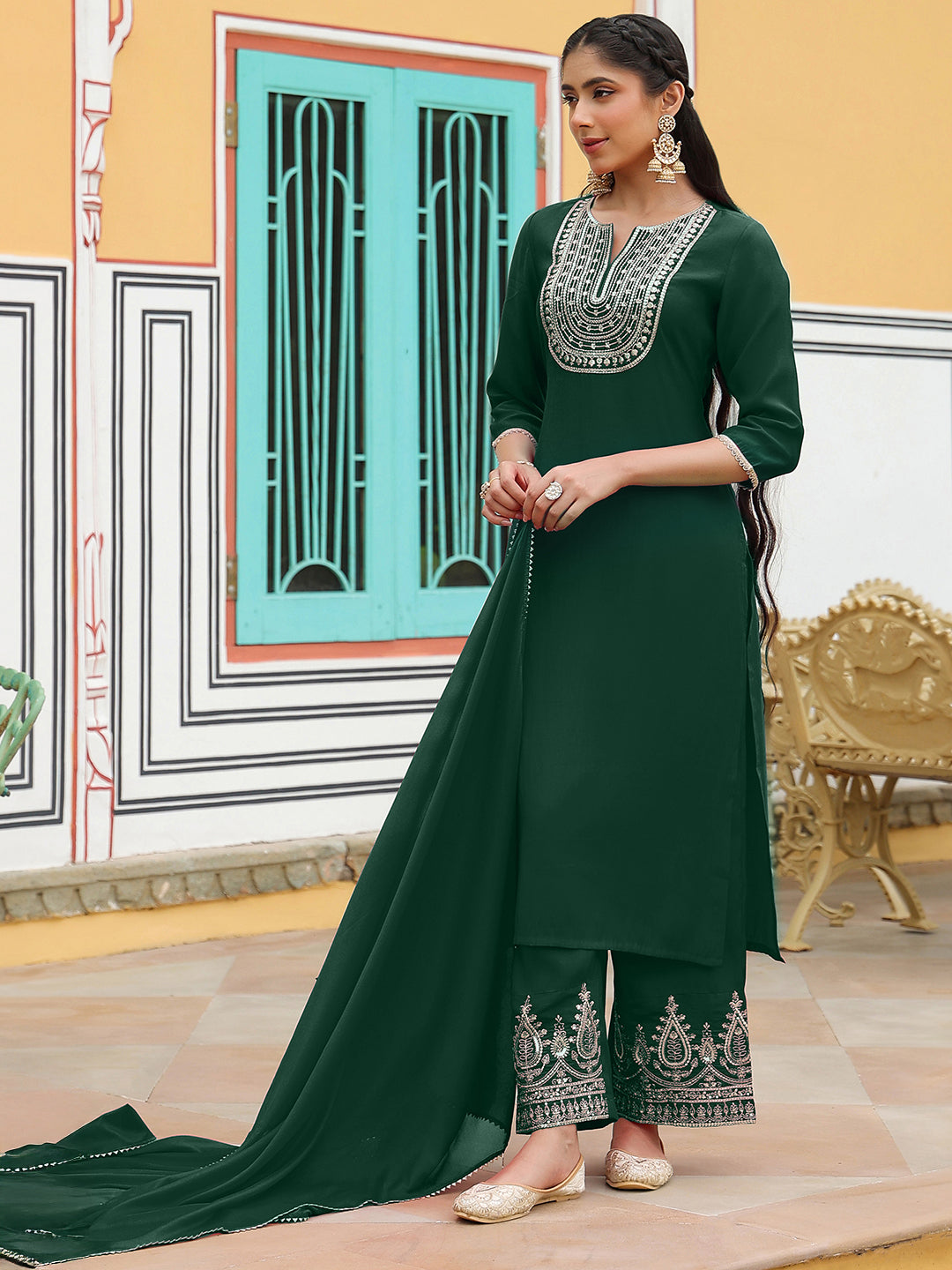 Women's Dark Green Chanderi Silk Zari Embroidered Straight Kurta Set
