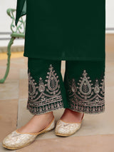 Women's Dark Green Chanderi Silk Zari Embroidered Straight Kurta Set