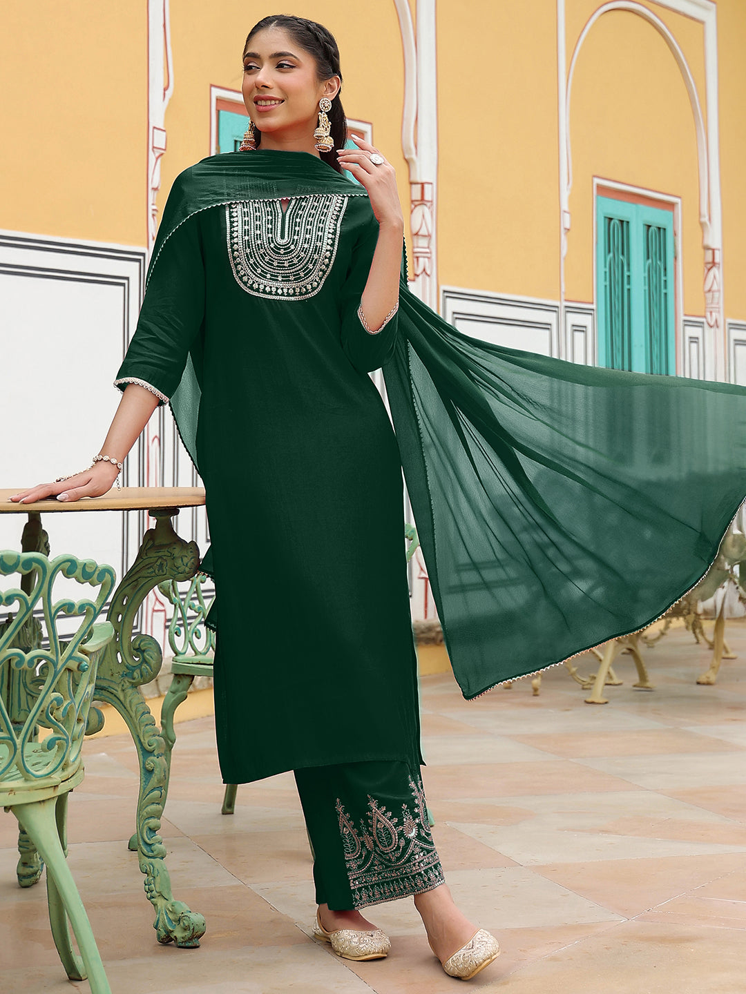 Women's Dark Green Chanderi Silk Zari Embroidered Straight Kurta Set