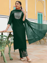 Women's Dark Green Chanderi Silk Zari Embroidered Straight Kurta Set