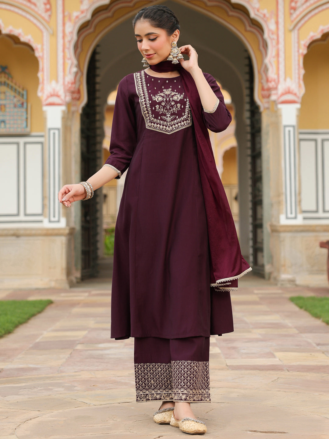 Women's Wine Chanderi Silk Zari Embroidered A-line Kurta With Palazzo & Dupatta Set