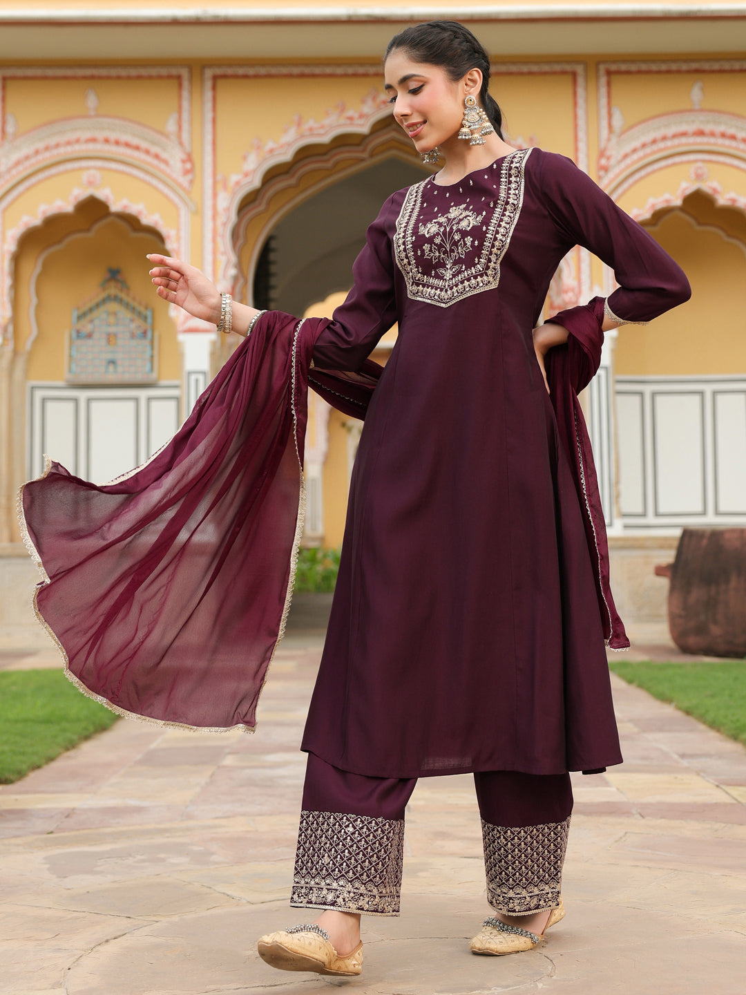Women's Wine Chanderi Silk Zari Embroidered A-line Kurta With Palazzo & Dupatta Set