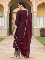 Women's Wine Chanderi Silk Zari Embroidered A-line Kurta With Palazzo & Dupatta Set