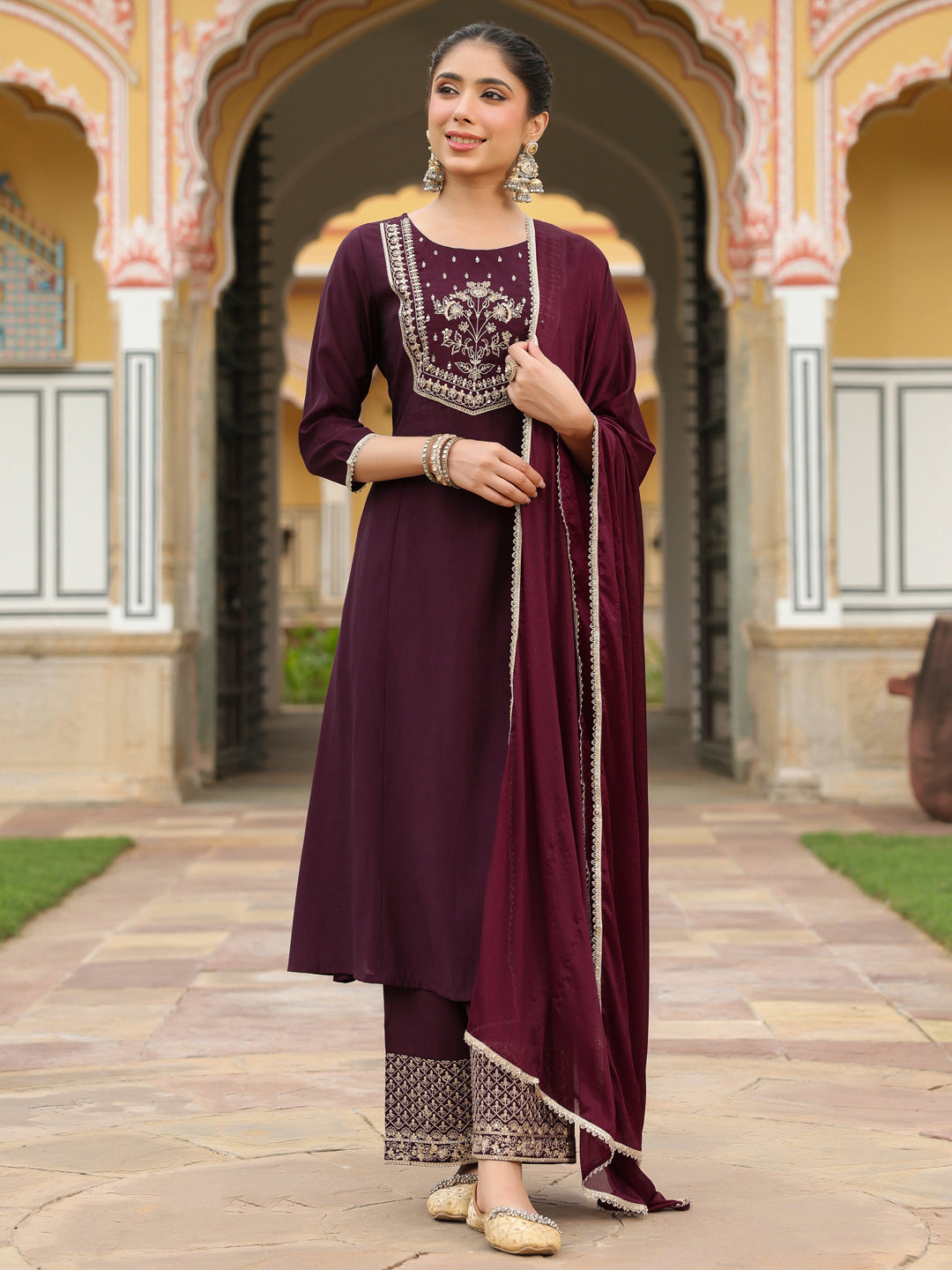 Women's Wine Chanderi Silk Zari Embroidered A-line Kurta With Palazzo & Dupatta Set