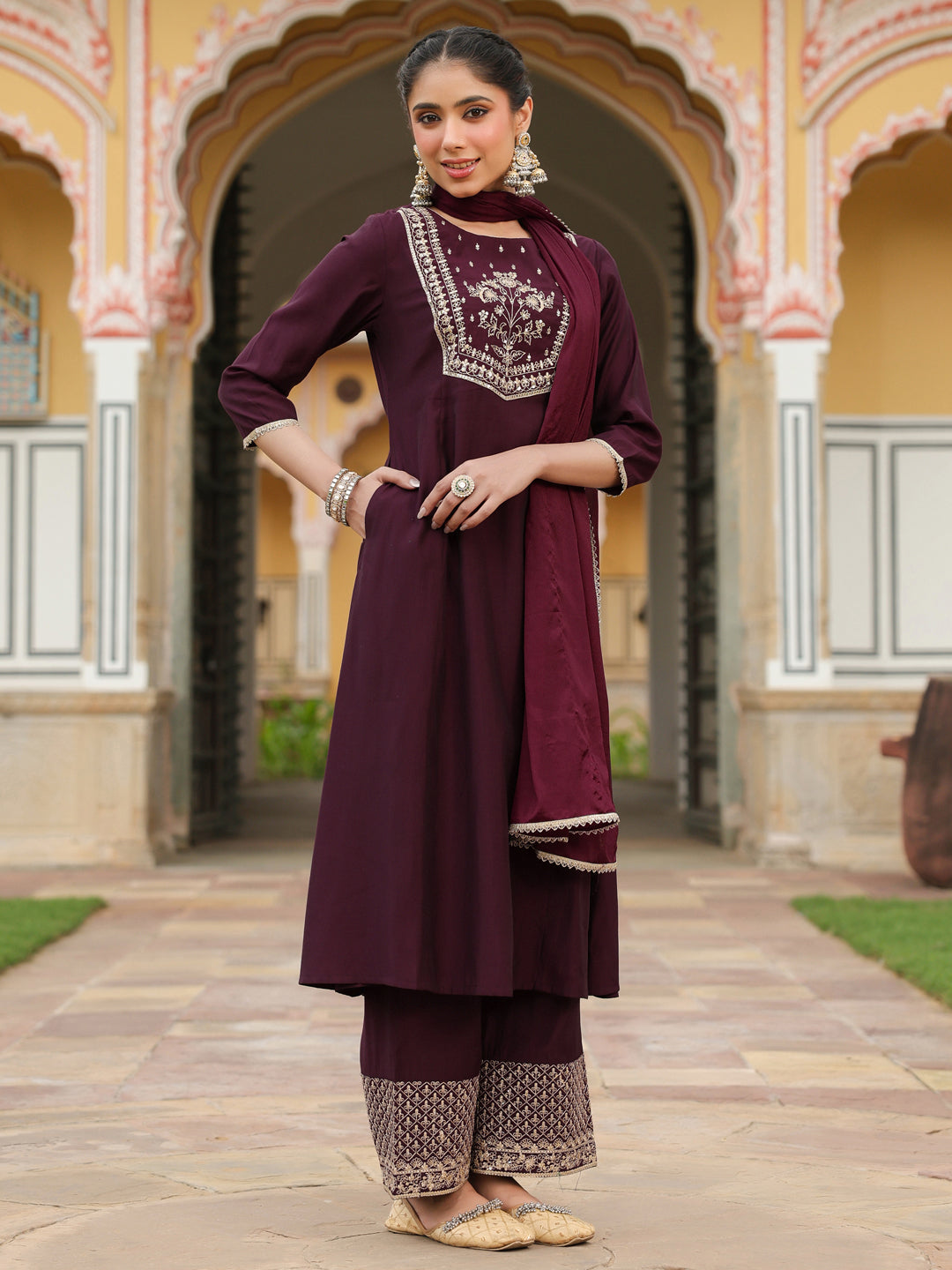 Women's Wine Chanderi Silk Zari Embroidered A-line Kurta With Palazzo & Dupatta Set