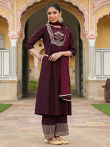 Women's Wine Chanderi Silk Zari Embroidered A-line Kurta With Palazzo & Dupatta Set