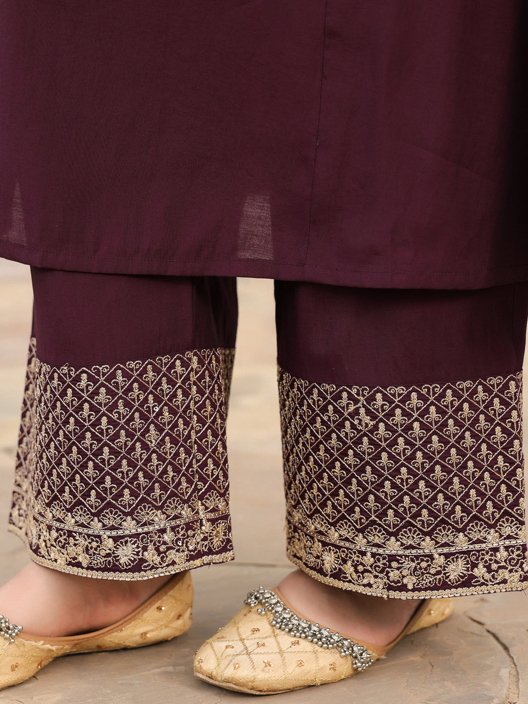 Women's Wine Chanderi Silk Zari Embroidered A-line Kurta With Palazzo & Dupatta Set