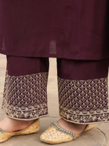 Women's Wine Chanderi Silk Zari Embroidered A-line Kurta With Palazzo & Dupatta Set