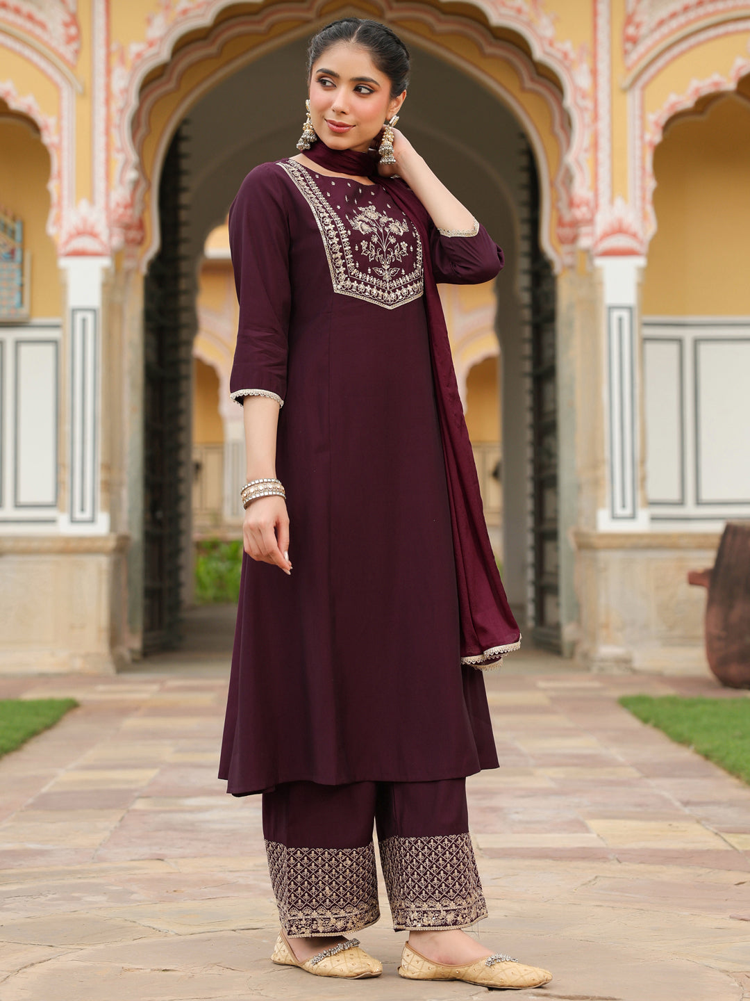 Women's Wine Chanderi Silk Zari Embroidered A-line Kurta With Palazzo & Dupatta Set
