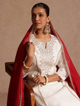 Women's Off White Chanderi Silk Zari Embroidered Gold Printed A-line Kurta Set