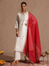 Women's Off White Chanderi Silk Zari Embroidered Gold Printed A-line Kurta Set