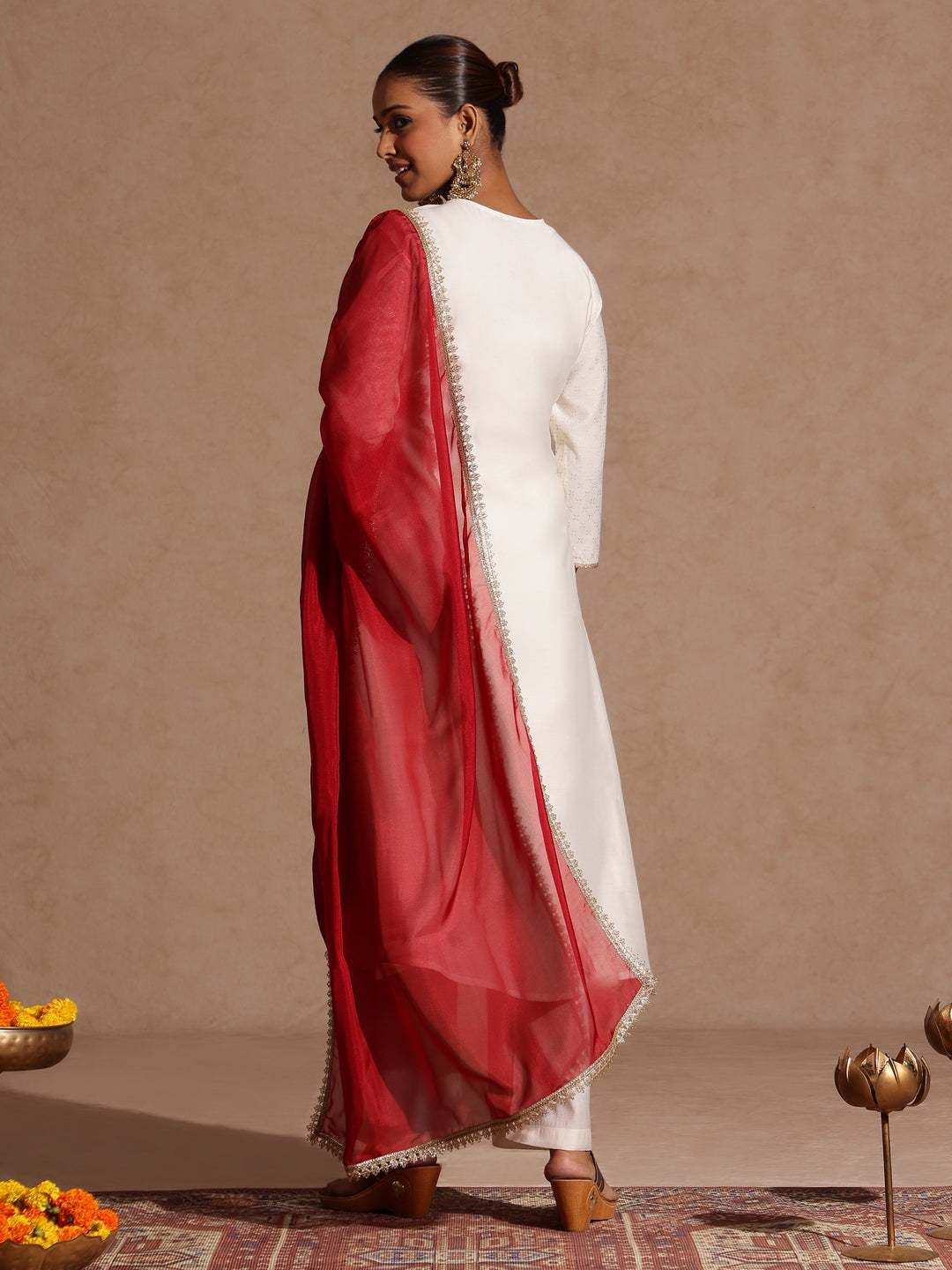 Women's Off White Chanderi Silk Zari Embroidered Gold Printed A-line Kurta Set