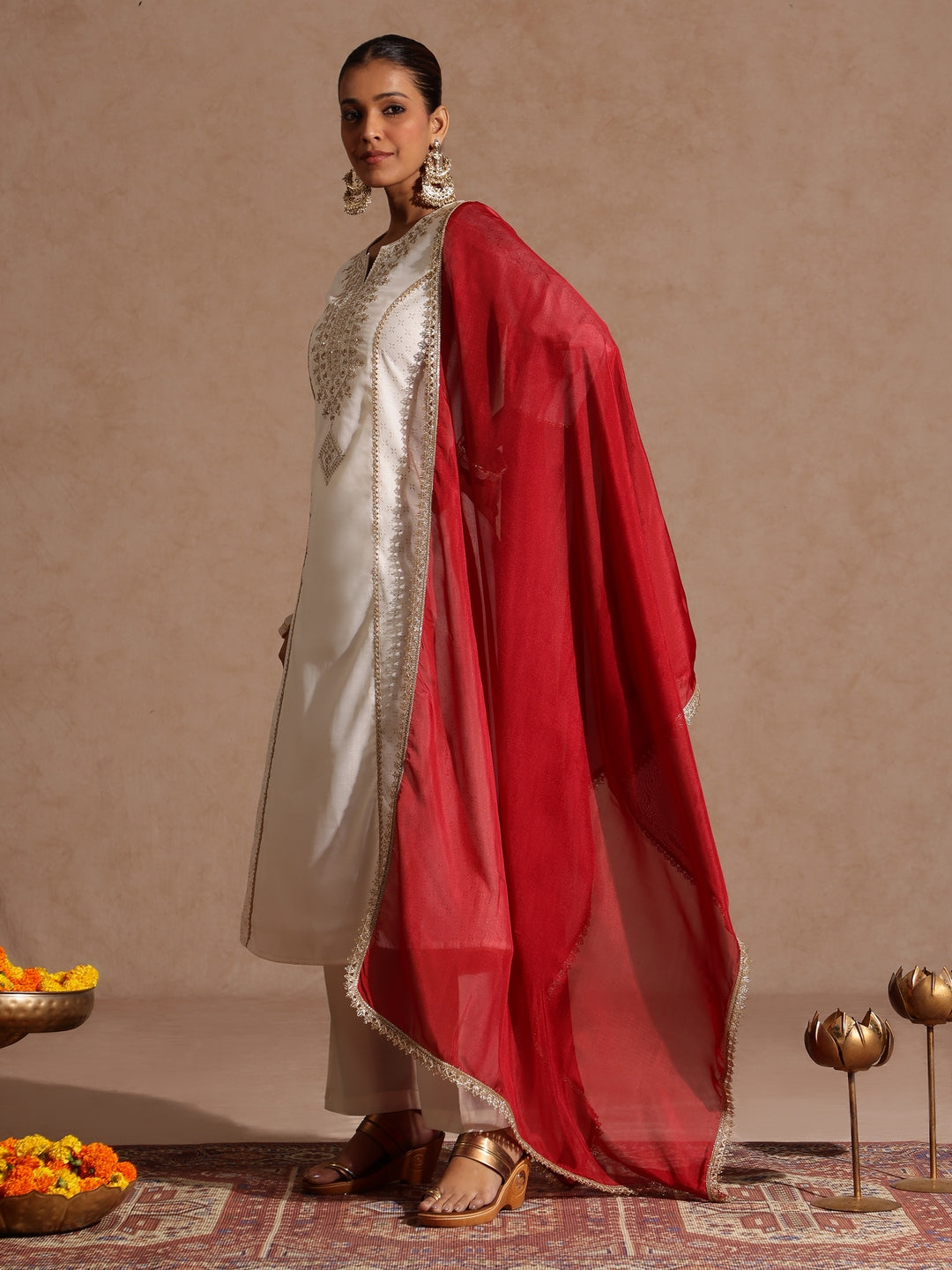 Women's Off White Chanderi Silk Zari Embroidered Gold Printed A-line Kurta Set