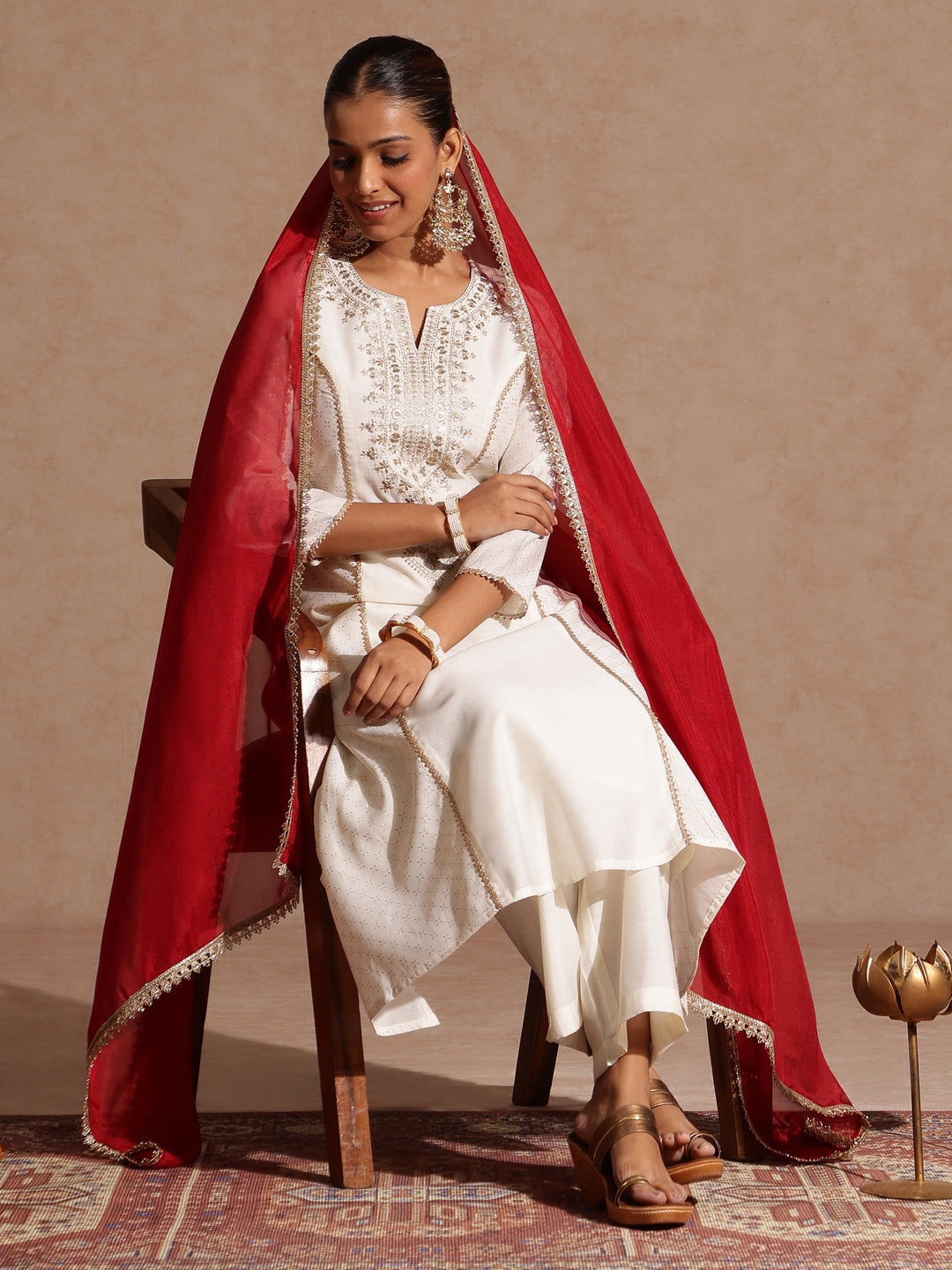 Women's Off White Chanderi Silk Zari Embroidered Gold Printed A-line Kurta Set