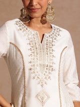 Women's Off White Chanderi Silk Zari Embroidered Gold Printed A-line Kurta Set