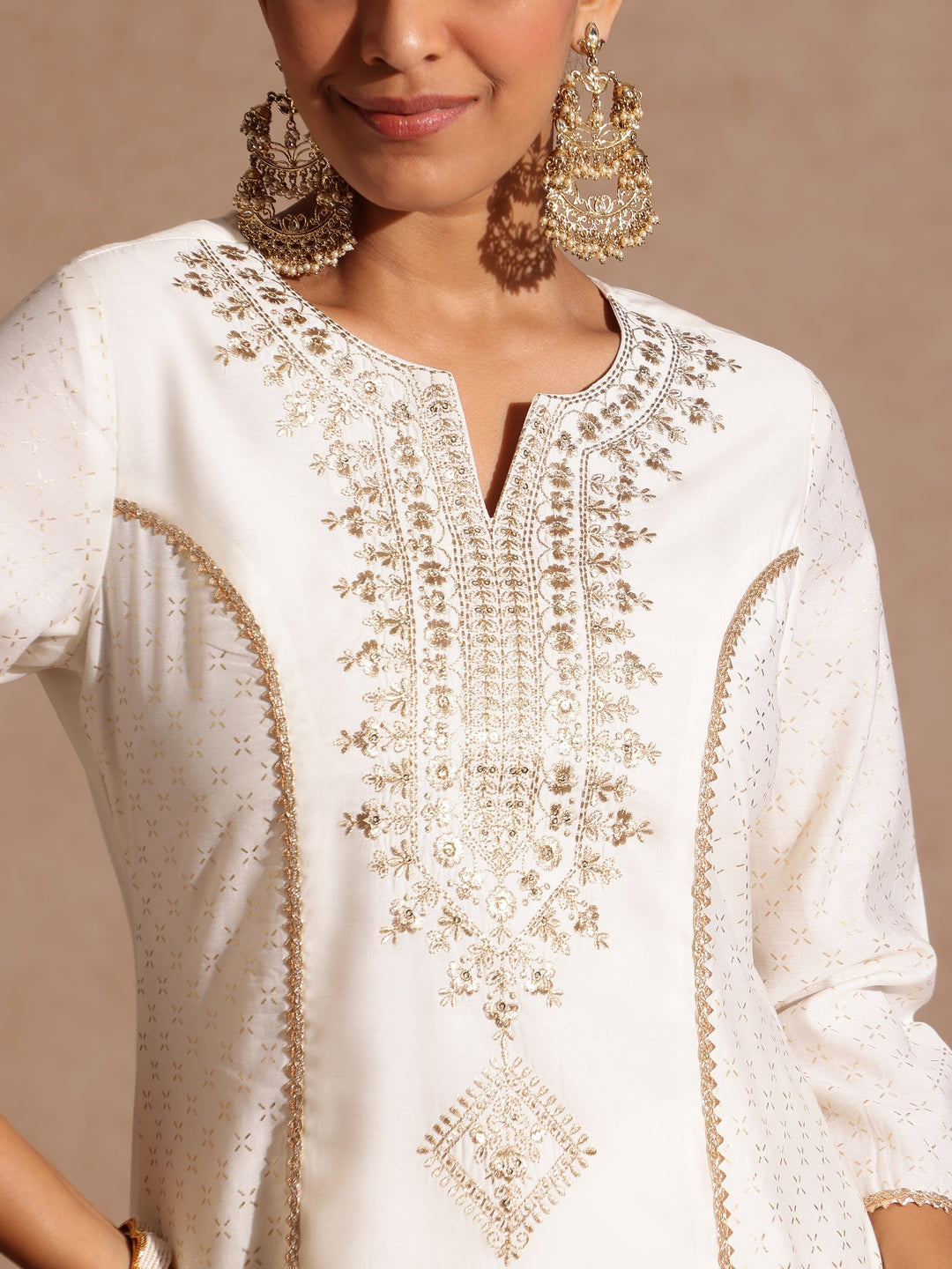 Women's Off White Chanderi Silk Zari Embroidered Gold Printed A-line Kurta Set