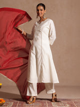Women's Off White Chanderi Silk Zari Embroidered Gold Printed A-line Kurta Set