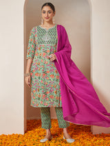 Women's Mint Green Pure Cotton Yoke Embroidered Floral Printed Straight Kurta Set