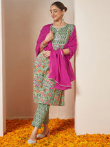 Women's Mint Green Pure Cotton Yoke Embroidered Floral Printed Straight Kurta Set