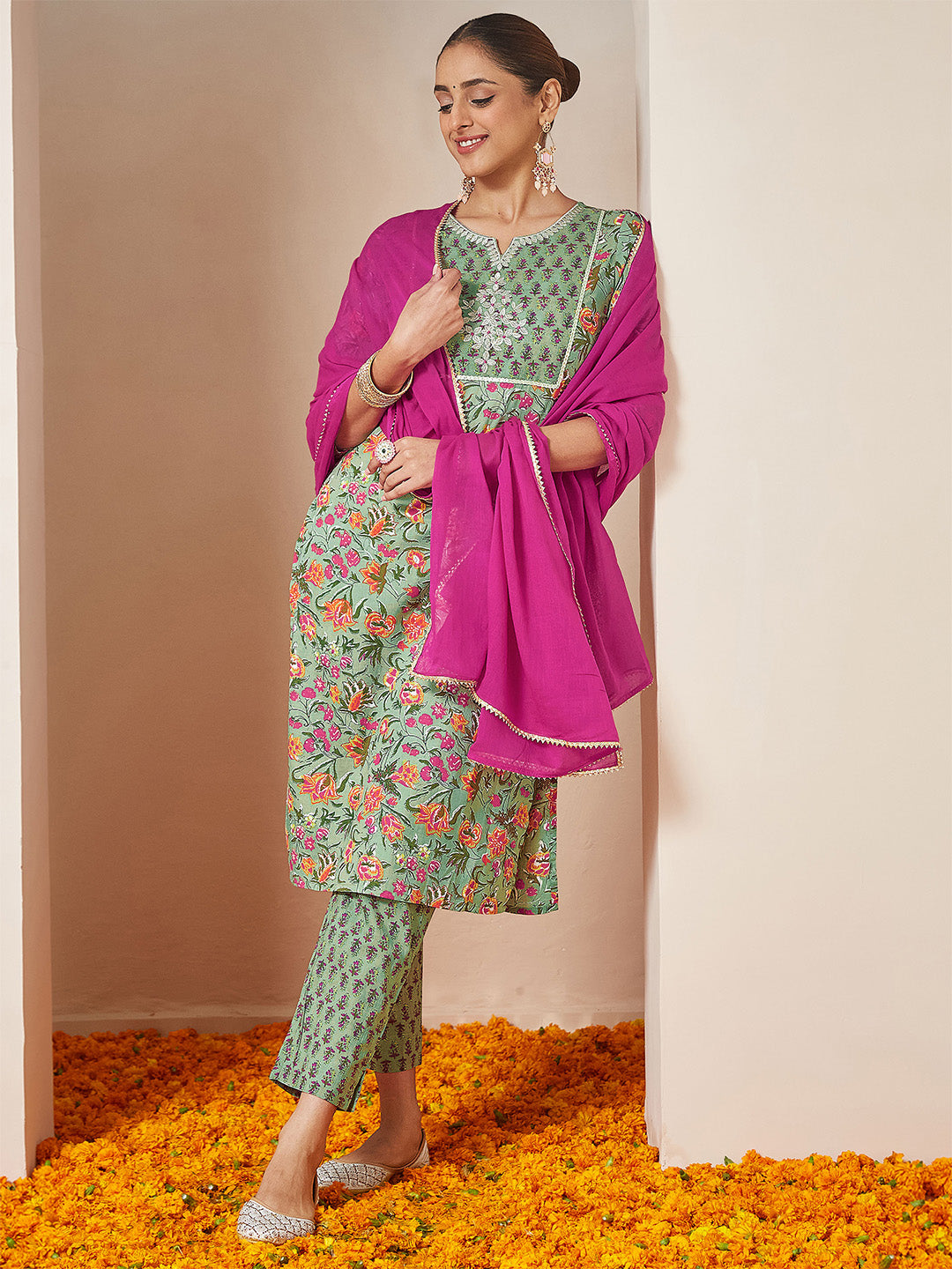Women's Mint Green Pure Cotton Yoke Embroidered Floral Printed Straight Kurta Set