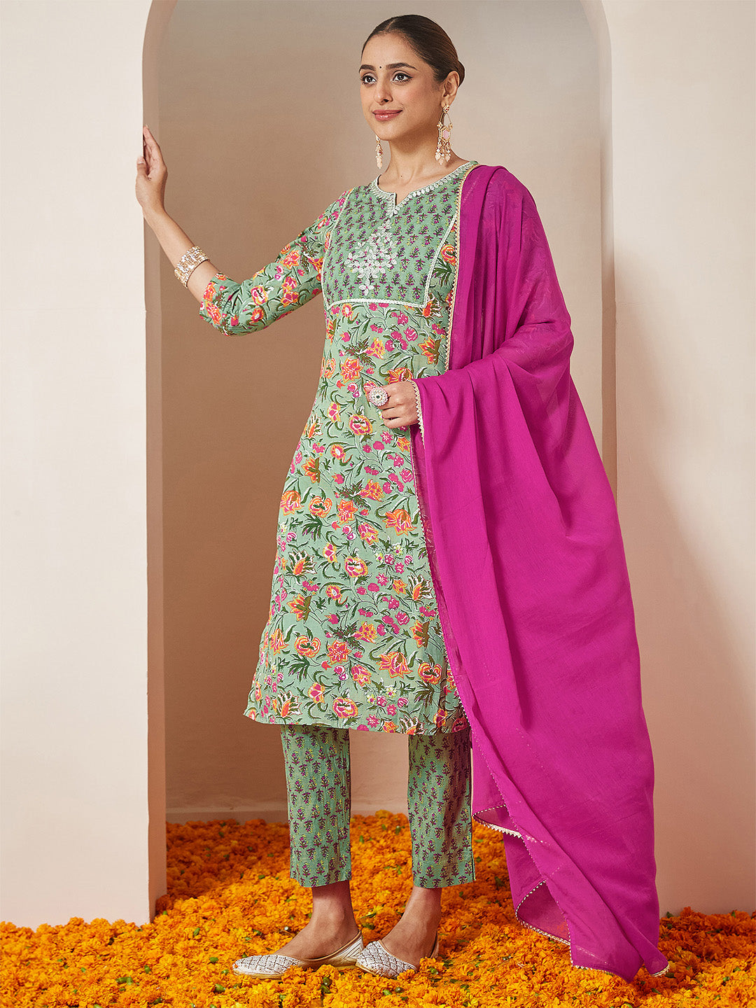 Women's Mint Green Pure Cotton Yoke Embroidered Floral Printed Straight Kurta Set