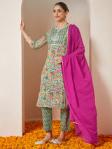 Women's Mint Green Pure Cotton Yoke Embroidered Floral Printed Straight Kurta Set