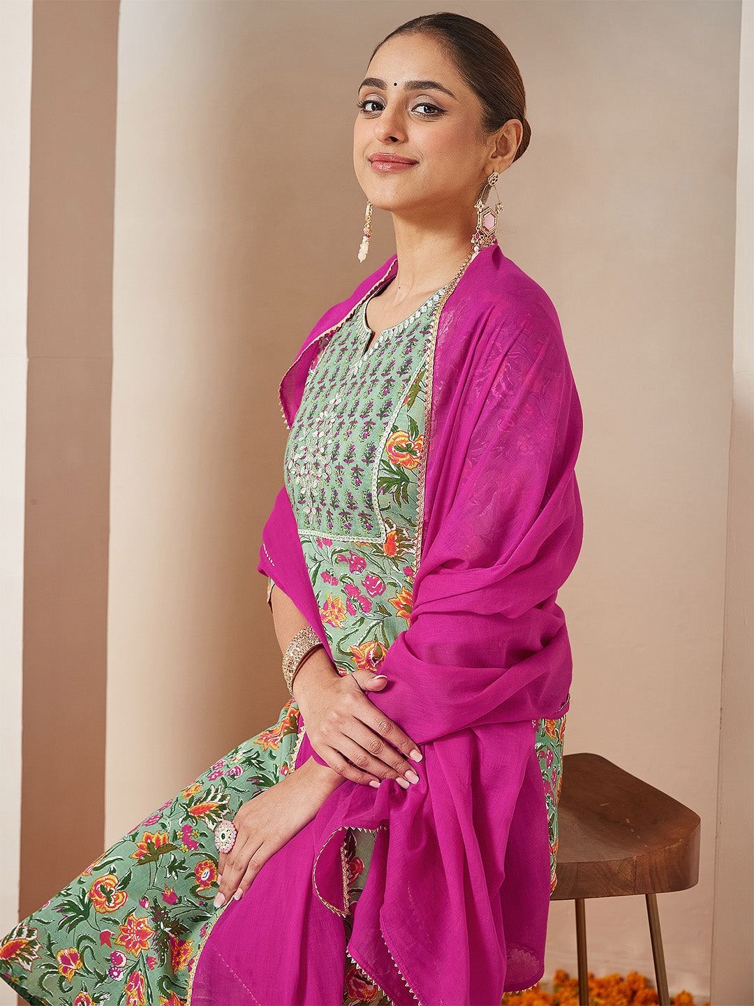 Women's Mint Green Pure Cotton Yoke Embroidered Floral Printed Straight Kurta Set