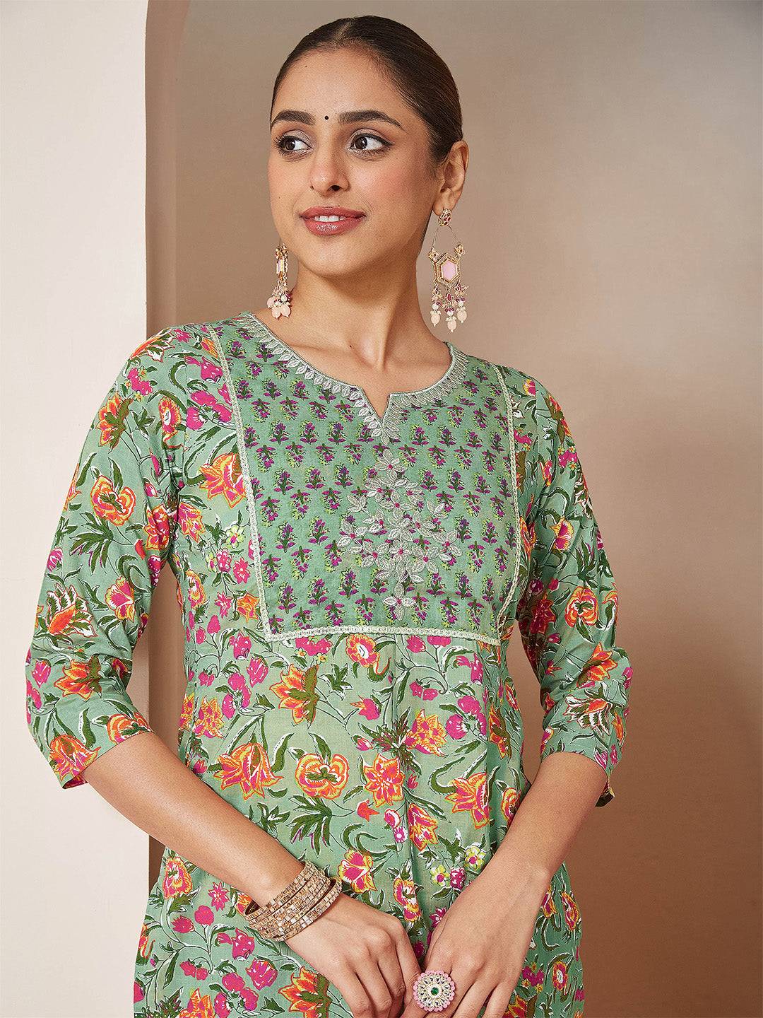 Women's Mint Green Pure Cotton Yoke Embroidered Floral Printed Straight Kurta Set