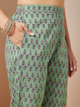 Women's Mint Green Pure Cotton Yoke Embroidered Floral Printed Straight Kurta Set