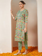 Women's Mint Green Pure Cotton Yoke Embroidered Floral Printed Straight Kurta Set