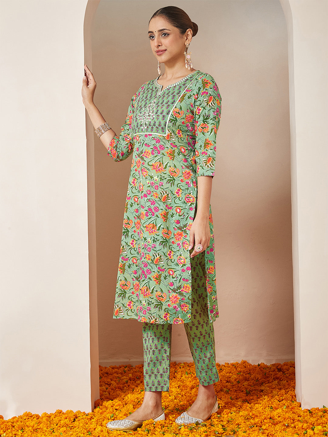 Women's Mint Green Pure Cotton Yoke Embroidered Floral Printed Straight Kurta Set