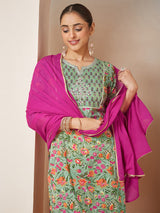 Women's Mint Green Pure Cotton Yoke Embroidered Floral Printed Straight Kurta Set