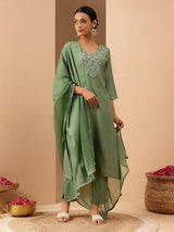 Women's Green Rayon Embroidery Straight Kurta Set