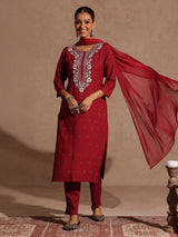 Women's Maroon Rayon Yoke Embroidered Sequinned Straight Kurta Set With Dupatta